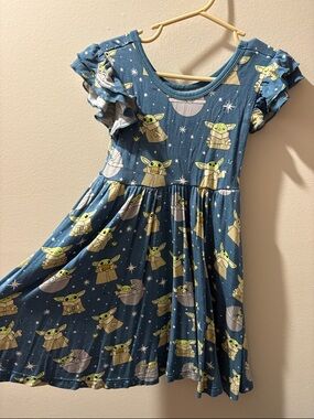 Little Sleepies Blue Grogu Print Ruffle Dress with Pockets